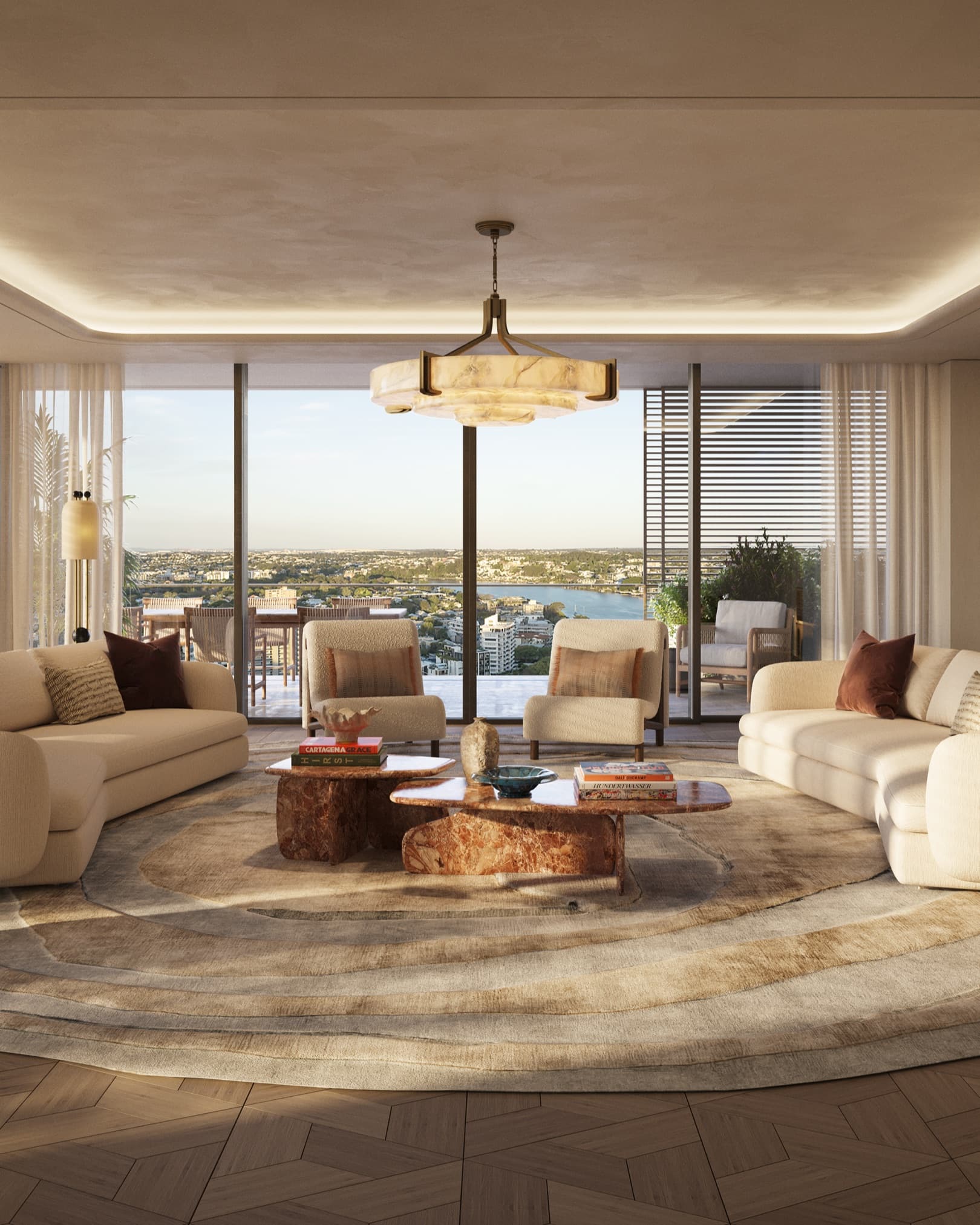 Render of a living room with armchairs and marble coffee tables beneath a pendant light, opening to a terrace with Brisbane River views
